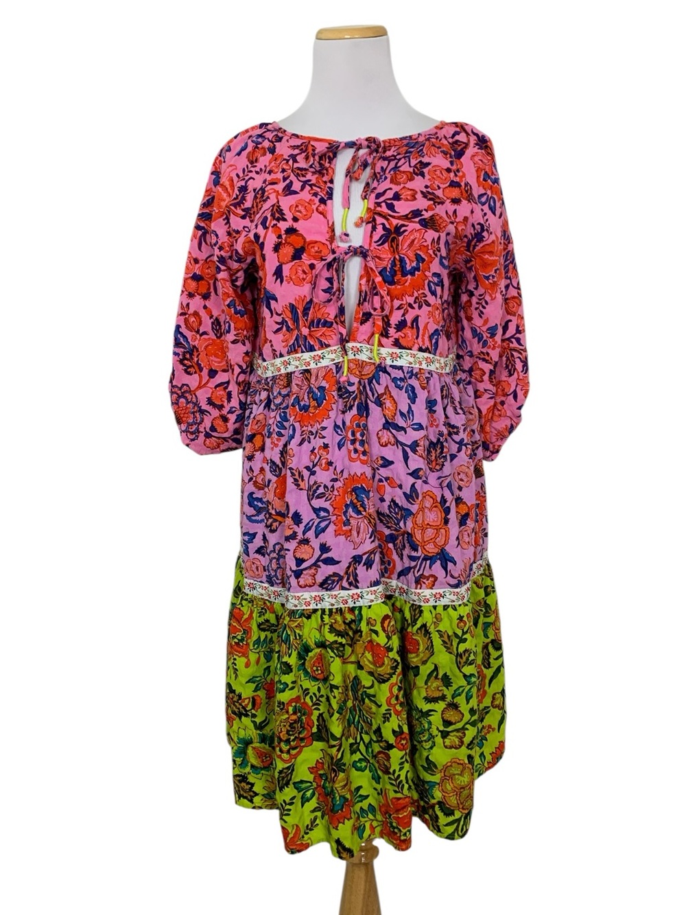 Anthropologie Mabel Tiered Colorful Floral Peasant Dress Women’s XS Oversized Bo